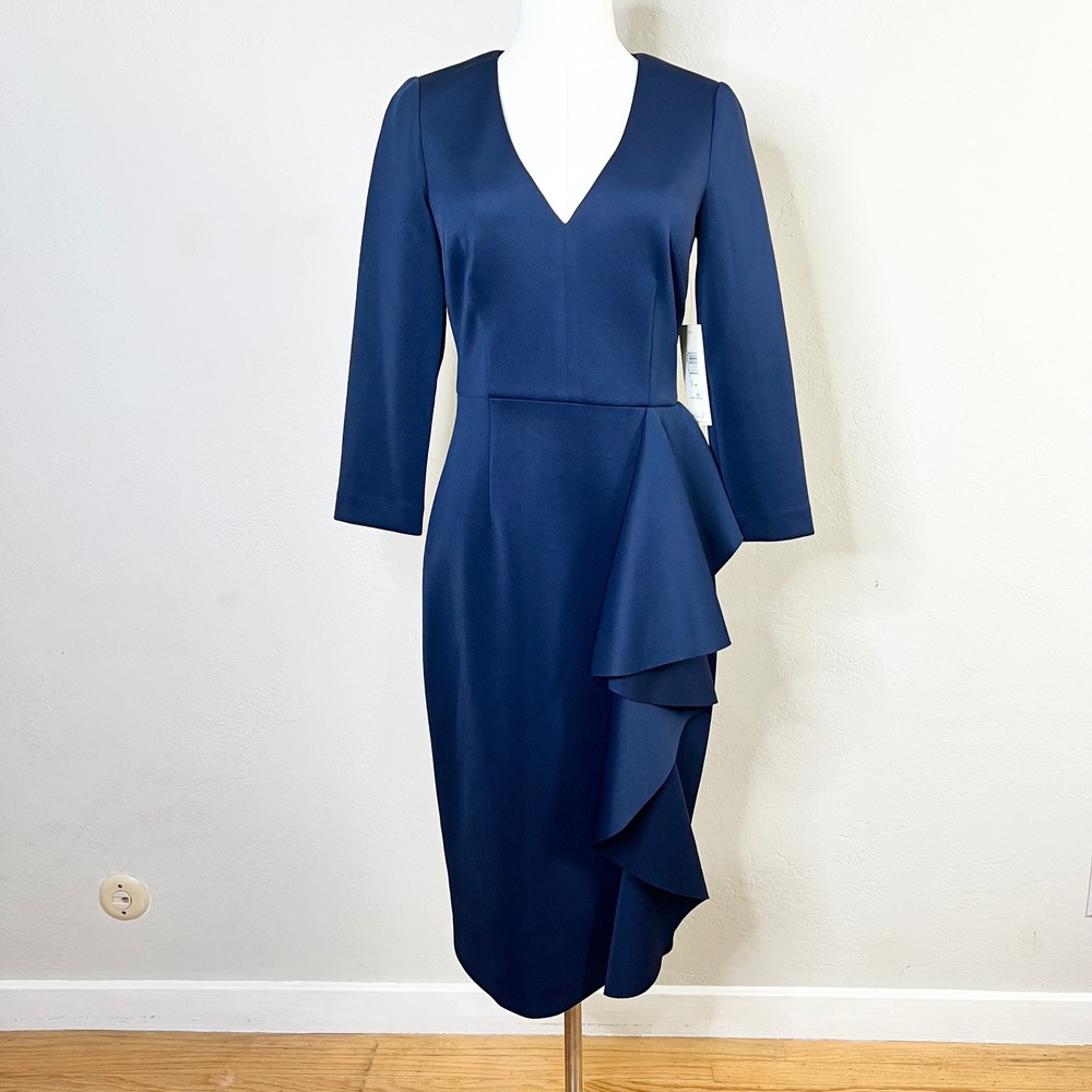 Eliza J Sheath Dress Side Cascade Ruffle Women Size 4 Navy Blue V-Neck New